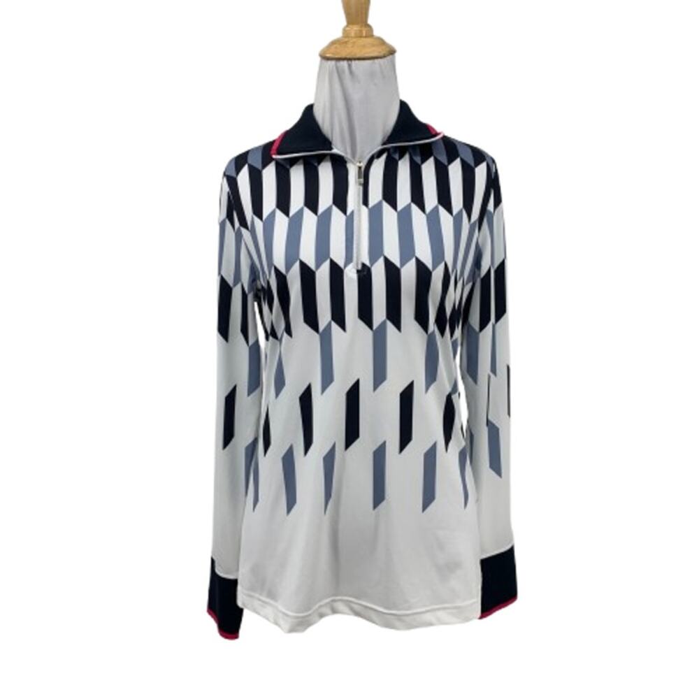Daily Sports Shirt Womens S Small White Windsor Geometric Motif 1/4 Zip Golf